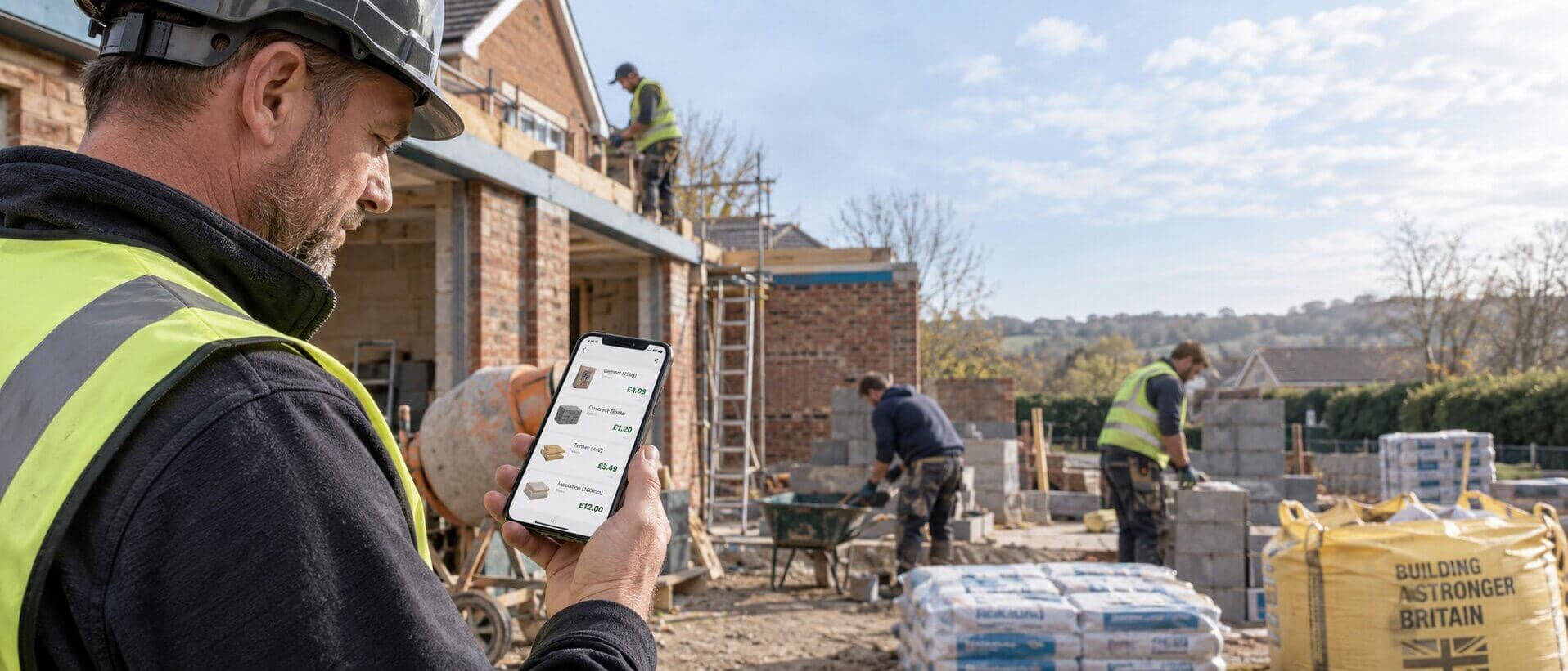 A builder on site checking prices on a phone
